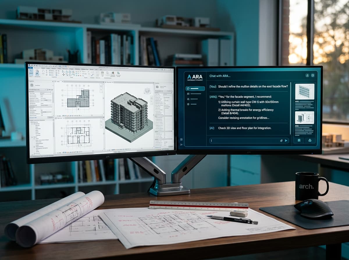 Architect workstation with Revit BIM model and AI assistant interface