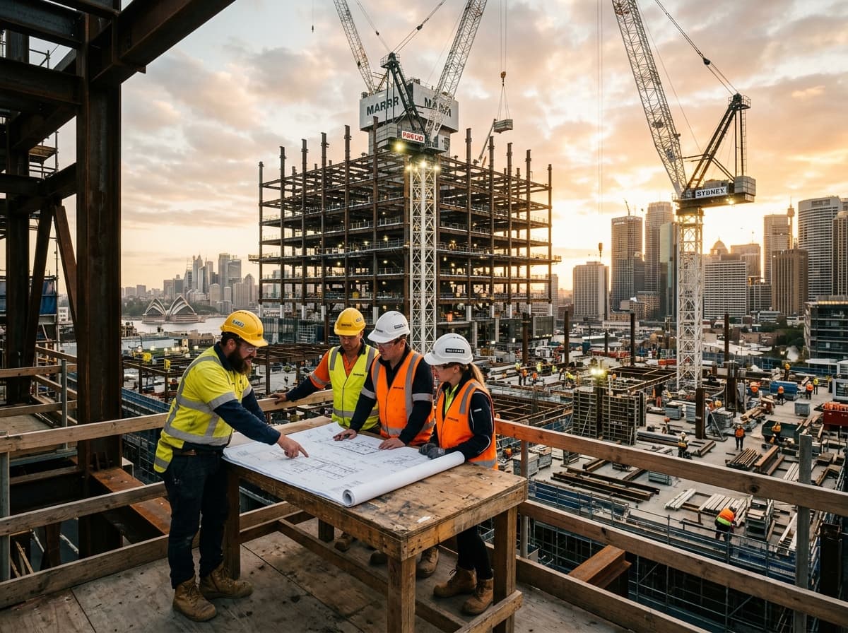 Australian construction site with cranes and structural steelwork